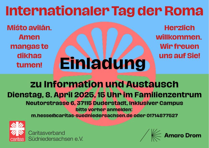 Einladungspostkarte Internationaler Tag der Roma am 8. April 2025 in Duderstadt.
