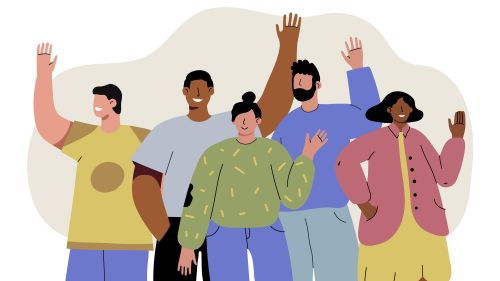 Die Grafik zeigt eine Gruppe von Menschen, alle stehen und winken.