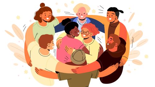 Die Grafik zeigt eine Gruppe von Menschen im Kreis, in der Mitte tanzen zwei.