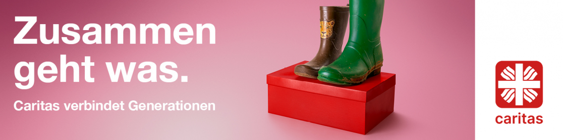 Zusammen geht was: Header in Rosa mit zwei Schuhen auf einem Schuhkarton.